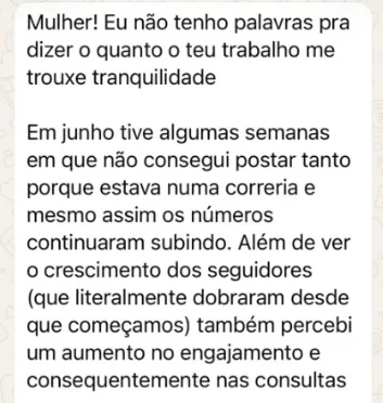 depoimento de cliente sobre crescimento de seguidores e consultas